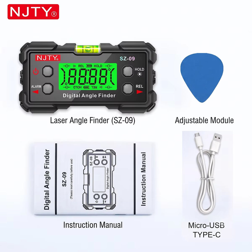 SZ-09 Digital Angle Finder Gauge with Dual Lasers, Magnetic Base, Backlit Flip Screen, USB-C, Relative Mode for DIY
