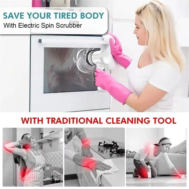 Electric Spin Scrubber Cordless Spin Scrubber with 5 Replaceable Brush Heads and Adjustable Extension Handle,5 in 1Cleaningbrush