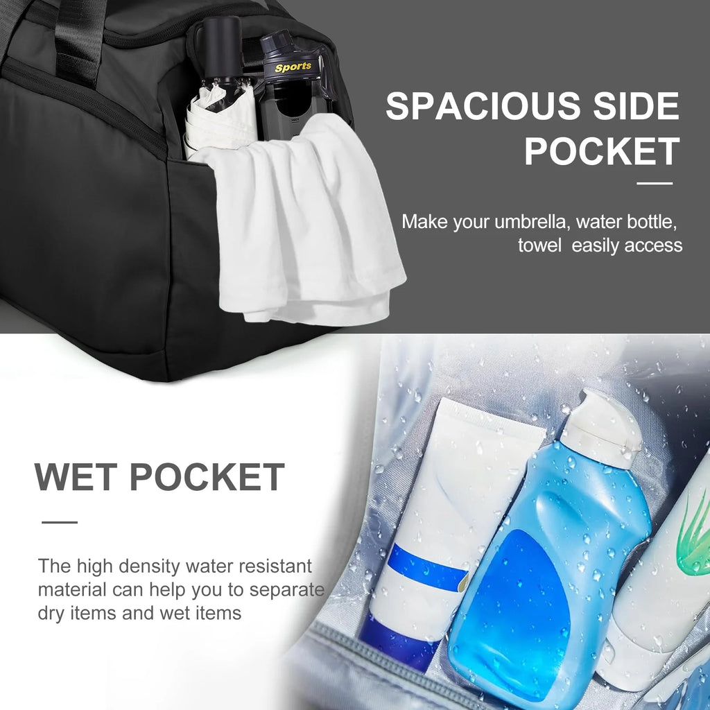Travel Duffle Bag Gym Bags with Shoe Compartment Wet Pocket Waterproof for Weekender Overnight Gym Sports Traveling Swimming Yoga Workout, Black