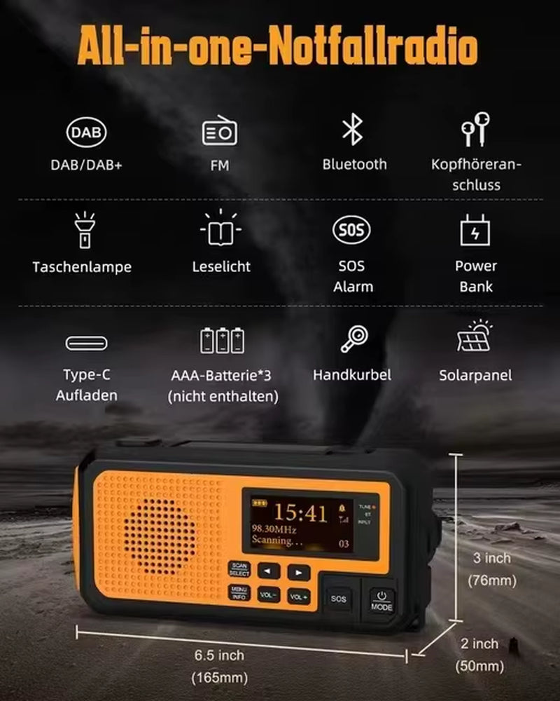 DAB376BT Crank Radio DAB+FM BT Emergency Radio with 5000 Mah Battery Solar with Alarm Clock Hand Crank Blackout Emergency Use