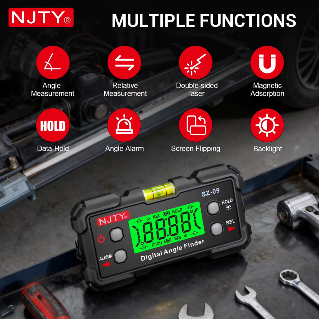 SZ-09 Digital Angle Finder Gauge with Dual Lasers, Magnetic Base, Backlit Flip Screen, USB-C, Relative Mode for DIY