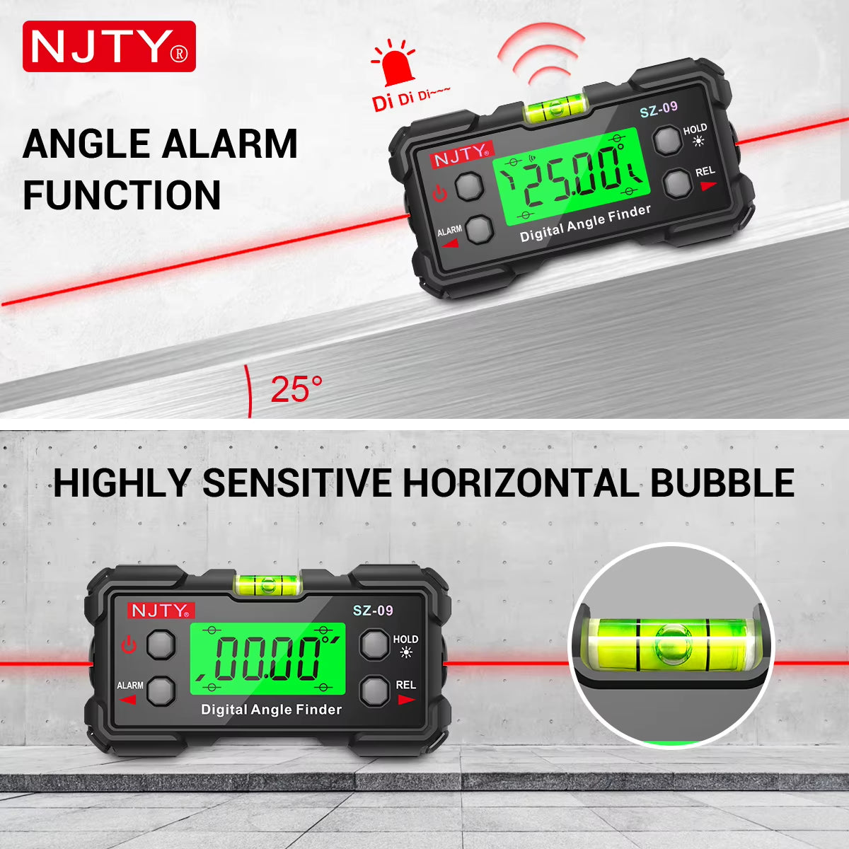 SZ-09 Digital Angle Finder Gauge with Dual Lasers, Magnetic Base, Backlit Flip Screen, USB-C, Relative Mode for DIY